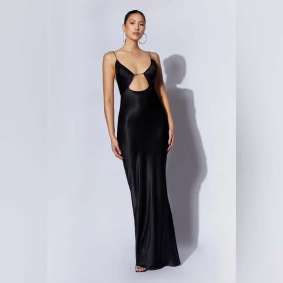 Meshki Black Sadie Maxi Satin Halter Ruched Slip Dress NWT - Picture 1 of 13